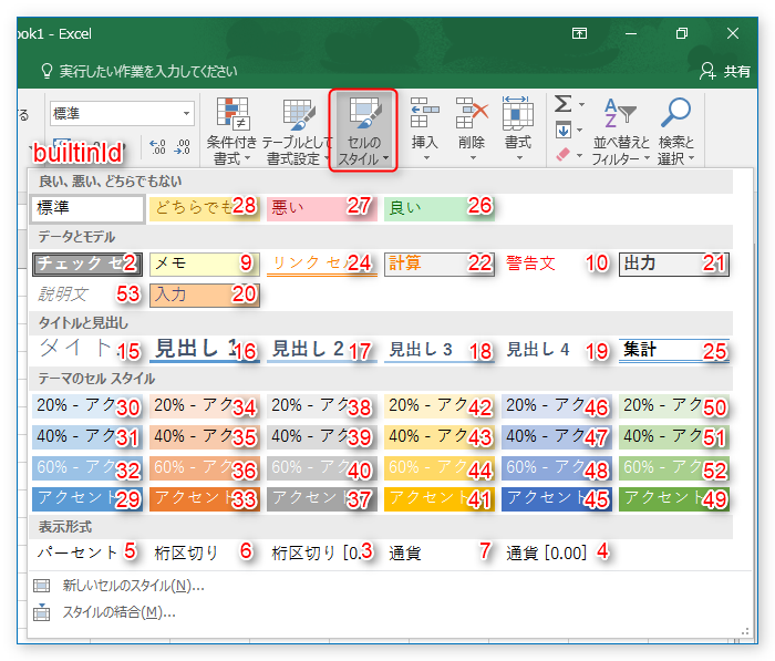 セルのスタイルとbuiltinId